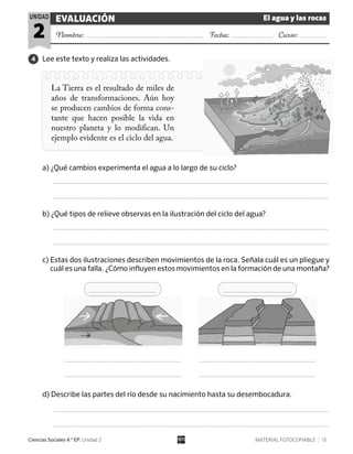 MATERIAL FOTOCOPIABLE 13
Ciencias Sociales 4.º EP. Unidad 2
Evaluación El agua y las rocas
Nombre:  Fecha:  Curso: 
2
unidad
4 Lee este texto y realiza las actividades.
La Tierra es el resultado de miles de
años de transformaciones. Aún hoy
se producen cambios de forma cons-
tante que hacen posible la vida en
nuestro planeta y lo modifican. Un
ejemplo evidente es el ciclo del agua.
a) 
¿Qué cambios experimenta el agua a lo largo de su ciclo?
	
b) ¿Qué tipos de relieve observas en la ilustración del ciclo del agua?
	
c) 
Estas dos ilustraciones describen movimientos de la roca. Señala cuál es un pliegue y
cuál es una falla. ¿Cómo influyen estos movimientos en la formación de una montaña?
d) Describe las partes del río desde su nacimiento hasta su desembocadura.
	
	 	
 