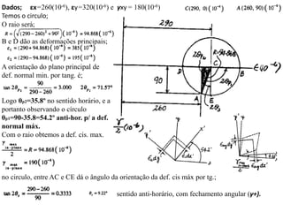 Dados; εx=260(10-6), εy=320(10-6) e γxy= 180(10-6)
Temos o circulo;
O raio será;
B e D dão as deformações principais;
A orientação do plano principal de
def. normal min. por tang. é;
Logo θp2=35.8º no sentido horário, e a máxima defasado
portanto observando o círculo
θp1=90-35.8=54.2º anti-hor. p/ a def.
normal máx.
Com o raio obtemos a def. cis. max.
no circulo, entre AC e CE dá o ângulo da orientação da def. cis máx por tg.;
sentido anti-horário, com fechamento angular (γ+).
 