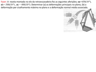 Fazer: A roseta montada no elo da retroescavadeira fez as seguintes aferições; εa=650(10-6),
εb=-300(10-6) , εc = 480(10-6). Determinar (a) as deformações principais no plano, (b) a
deformação por cisalhamento máxima no plano e a deformação normal média associada.
 
