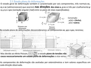 2.1 Estado plano de deformações
O estado geral de deformação também é caracterizado por seis componentes, três normais εx,
εy e εz (adimensionais) que ocorrem nas direções dos eixos x, y e z e três por cisalhamento γ
xy, γ yz e γxz (variação angular [rad] entre os pares de eixos especificados);
No estado plano de deformações desconsideramos as componentes εz, γyz e γxz, teremos;
Convenção:
. γ (+) -> (fecha).
. γ (-) ->(abre).
As componentes de deformação são avaliadas por extensômetros e tem valores específicos em
cada direção observada.
Mas devido ao efeito Poisson, o estado plano de tensões não
causa necessariamente um estado plano de deformações e vice-versa.
 