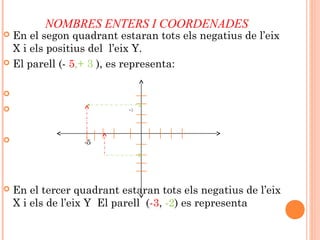 NOMBRES ENTERS I COORDENADES
 En el segon quadrant estaran tots els negatius de l’eix
X i els positius del l’eix Y.
 El parell (- 5,+ 3 ), es representa:

 + 3
 -5
 En el tercer quadrant estaran tots els negatius de l’eix
X i els de l’eix Y El parell (-3, -2) es representa
 