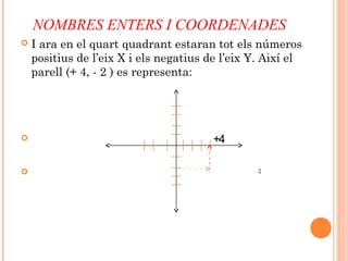 NOMBRES ENTERS I COORDENADES
 I ara en el quart quadrant estaran tot els números
positius de l’eix X i els negatius de l’eix Y. Així el
parell (+ 4, - 2 ) es representa:
 +4
 -2
 