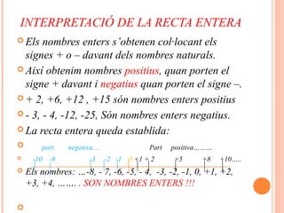  Els nombres enters s’obtenen col·locant els
signes + o – davant dels nombres naturals.
 Així obtenim nombres positius, quan porten el
signe + davant i negatius quan porten el signe –.
 + 2, +6, +12 , +15 són nombres enters positius
 - 3, - 4, -12, -25, Són nombres enters negatius.
 La recta entera queda establida:
 part negativa…. Part positiva………
 -10 -8 -3 -2 -1 0 +1 + 2 +5 +8 +10…..
 Els nombres: …-8, - 7, -6, -5, - 4, -3, -2, -1, 0, +1, +2,
+3, +4, ……. . SON NOMBRES ENTERS !!!

INTERPRETACIÓ DE LA RECTA ENTERA
 