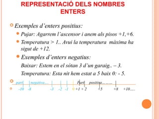REPRESENTACIÓ DELS NOMBRES
ENTERS
 Exemples d’enters positius:
Pujar: Agarrem l’ascensor i anem als pisos +1,+6.
Temperatura > 1.. Avui la temperatura màxima ha
sigut de +12.
Exemples d’enters negatius:
Baixar: Estem en el sòtan 3 d’un garaig.. – 3.
Temperatura: Esta nit hem estat a 5 baix 0: - 5.
 part negativa…. Part positiva………
 -10 -8 -3 -2 -1 0 +1 + 2 +5 +8 +10…..
 