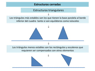 Estructuras cerradas
Estructuras triangulares
Los triángulos más estables son los que tienen la base paralela al borde
inferior del cuadro tanto si son equiláteros como isósceles
Los triángulos menos estables son los rectángulos y escalenos que
requieren ser compensados con otros elementos
 