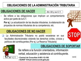 34/40
OBLIGACIONES DE NO HACER
 La Administración Tributaria no podrá excederse en sus
facultades discrecionales violando los derechos civiles, cívicos y
políticos del contribuyentes (Por ej. La Reserva Tributaria)
OBLIGACIONES DE LA ADMINISTRACIÓN TRIBUTARIA
OBLIGACIONES DE SOPORTAR
Se refiere a la función orientadora, información
verbal, educación y asistencia al contribuyente.
- Central de Consultas 0-801-12-100
- SUNAT Virtual (www.sunat.gob.pe)
Art. 85° C.T.
OBLIGACIONES DE HACER
• Se refiere a las obligaciones que implican un comportamiento
activo por parte de la A.T.
Por ej. La actualización de las deudas tributarias, la elaboración de
proyectos de normas tributarias de su competencia, etc.
Art. 83 y ss C.T.
 