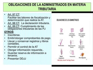 38/40
• Art. 87 CT.
Facilitar las labores de fiscalización y
determinación que realice la AT.
• Art. 88 CT. La declaración tributaria.
• Art. 89 CT. Cumplimiento de las
obligaciones tributarias de las PJ
OTROS:
• Inscribirse.
• Emitir/otorgar comprobantes de pago.
• Llevar y conservar registros y libros
contables.
• Permitir el control de la AT
• Otorgar información requerida..
• Guardar reserva de información a
terceros.
• Presentar DDJJ
OBLIGACIONES DE LA ADMINISTRADOS EN MATERIA
TRIBUTARIA
 