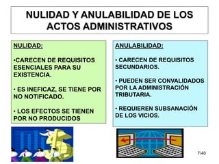 7/40
NULIDAD Y ANULABILIDAD DE LOS
ACTOS ADMINISTRATIVOS
NULIDAD:
•CARECEN DE REQUISITOS
ESENCIALES PARA SU
EXISTENCIA.
• ES INEFICAZ, SE TIENE POR
NO NOTIFICADO.
• LOS EFECTOS SE TIENEN
POR NO PRODUCIDOS
ANULABILIDAD:
• CARECEN DE REQUISITOS
SECUNDARIOS.
• PUEDEN SER CONVALIDADOS
POR LA ADMINISTRACIÓN
TRIBUTARIA.
• REQUIEREN SUBSANACIÓN
DE LOS VICIOS.
 