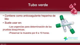 Tubo verde
• Contiene como anticoagulante heparina de
litio
• Suele usar en:
-Las urgencias para determinación de las
pruebas bioquímicas.
-Preservar la muestra por 8 a 10 horas.
 