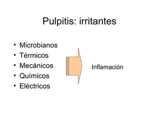 Pulpitis: irritantes
• Microbianos
• Térmicos
• Mecánicos
• Químicos
• Eléctricos
Inflamación
 