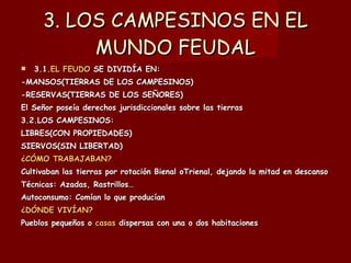 3. LOS CAMPESINOS EN EL MUNDO FEUDAL 3.1. EL FEUDO  SE DIVIDÍA EN:  -MANSOS(TIERRAS DE LOS CAMPESINOS) -RESERVAS(TIERRAS DE LOS SEÑORES) El Señor poseía derechos jurisdiccionales sobre las tierras 3.2.LOS CAMPESINOS: LIBRES(CON PROPIEDADES) SIERVOS(SIN LIBERTAD) ¿CÓMO TRABAJABAN?  Cultivaban las tierras por rotación Bienal oTrienal, dejando la mitad en descanso Técnicas: Azadas, Rastrillos… Autoconsumo: Comían lo que producían ¿DÓNDE VIVÍAN? Pueblos pequeños o  casas  dispersas con una o dos habitaciones 