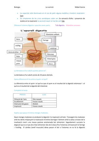 Biologia

La nutrició

Mábel García

La capacitat vital disminueix en el cas de patir alguna malaltia o trastorn respiratori.
Cert
Els símptomes de les crisis asmàtiques solen ser (la sensació d’ofec i presencia de
xiulets en la respiració) la secreció nasal i el mal de coll. Fals
Dibuixa el sistema digestiu i posa les seves parts:

Tub digestiu Glàndules annexes

Glandules salibals
boca

faringe

esòfag
estómac
Vesicula biliar
Pàncrees
fetje
Intestí gros
Intestí
prim

Anus

La dentadura d’un adult quantes peces te?
La dentadura d’un adult consta de 32 peces dentals.
Quina diferencia hi ha entre el quim i el quil?
La diferencia entre el quim i el quil es que el quim es el resultat de la digestió estomacal i el
quil es el resultat de la digestió del intestinal.
Completa la taula:
PROCES
Filtració de l’aire
Escalfament
Intercanvi de gasos
Inspiració

LLOC
Pels nassals
Fosses nasals
Alvèols
Fosses nasals

Explica que passa m’entres menges maduixes.
Quan menges maduixes es produeix la digestió i la respiració cel·lular. Trossegem les maduixes
amb les dents mitjançant la masticació m’entres barreges l’aliment amb la saliva a traves de la
insalivació crea’n una massa pastosa anomenada bol alimentari. Seguidament succeeix la
deglució que es el pas de el bol alimentari des de la boca fins l’estomac entravessant la faringe
i l’esòfag. El càrdies (anell muscular) deixa passar el bol a l’estomac on es fa la digestió

 