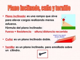 Plano inclinado : es una rampa que sirve para elevar cargas realizando menos esfuerzo. Fórmula del plano inclinado: Fuerza = Resistencia ·  altura/distancia recorrida Cuña : es un plano inclinado doble. Tornillo : es un plano inclinado, pero enrollado sobre un  cilindro.  Plano inclinado, cuña y tornillo 