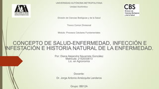 UNIVERSIDAD AUTÓNOMA METROPOLITANA
Unidad Xochimilco
División de Ciencias Biológicas y de la Salud
Tronco Común Divisional
Módulo: Procesos Celulares Fundamentales
CONCEPTO DE SALUD-ENFERMEDAD, INFECCIÓN E
INFESTACIÓN E HISTORIA NATURAL DE LA ENFERMEDAD.
Por: Diana Alejandra Navarrete González
Matricula: 2152033613
Lic. en Agronomía
Docente:
Dr. Jorge Antonio Amézquita Landeros
Grupo: BB12A
 