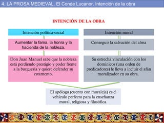 INTENCIÓN DE LA OBRA
Intención política-social
Aumentar la fama, la honra y la
hacienda de la nobleza.
Intención moral
Conseguir la salvación del alma
Don Juan Manuel sabe que la nobleza
está perdiendo prestigio y poder frente
a la burguesía y quiere defender su
estamento.
Su estrecha vinculación con los
dominicos (una orden de
predicadores) le lleva a incluir el afán
moralizador en su obra.
El apólogo (cuento con moraleja) es el
vehículo perfecto para la enseñanza
moral, religiosa y filosófica.
4. LA PROSA MEDIEVAL. El Conde Lucanor. Intención de la obra
 