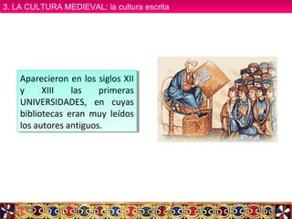 Aparecieron en los siglos XII
y XIII las primeras
UNIVERSIDADES, en cuyas
bibliotecas eran muy leídos
los autores antiguos.
Aparecieron en los siglos XII
y XIII las primeras
UNIVERSIDADES, en cuyas
bibliotecas eran muy leídos
los autores antiguos.
3. LA CULTURA MEDIEVAL: la cultura escrita3. LA CULTURA MEDIEVAL: la cultura escrita
 