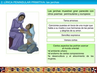 Las jarchas muestran gran parecido con
otros poemas peninsulares y europeos:
Las jarchas muestran gran parecido con
otros poemas peninsulares y europeos:
Tema amoroso
Canciones puestas en boca de una mujer que
habla a su madre o sus hermanas de las penas
y alegrías de su amor.
Sencillez expresiva
Versos cortos
Ciertos aspectos las podrían acercar
al mundo oriental:
•el ambiente urbano
•el erotismo de ciertas composiciones
•la desenvoltura y el atrevimiento de las
mujeres.
Ciertos aspectos las podrían acercar
al mundo oriental:
•el ambiente urbano
•el erotismo de ciertas composiciones
•la desenvoltura y el atrevimiento de las
mujeres.
2. LÍRICA PENINSULAR PRIMITIVA: las jarchas2. LÍRICA PENINSULAR PRIMITIVA: las jarchas
 