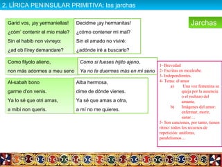 Al-sabah bono
garme d’on venis.
Ya lo sé que otri amas,
a mibi non queris.
Al-sabah bono
garme d’on venis.
Ya lo sé que otri amas,
a mibi non queris.
Como filyolo alieno,
non más adormes a meu seno
Como filyolo alieno,
non más adormes a meu seno
Alba hermosa,
dime de dónde vienes.
Ya sé que amas a otra,
a mí no me quieres.
Como si fueses hijito ajeno,
Ya no te duermes más en mi seno
JarchasJarchas
1- Brevedad
2- Escritas en mozárabe.
3- Independientes.
4- Tema: el amor
a) Una voz femenina se
queja por la ausencia
o el rechazo del
amante.
b) Imágenes del amor:
enfermar, morir,
sanar…
5- Son canciones, por tanto, tienen
ritmo: todos los recursos de
repetición: anáforas,
paralelismos…
Garid vos, ¡ay yermaniellas!
¿cóm’ contenir el mio male?
Sin el habib non vivreyo:
¿ad ob l’irey demandare?
Garid vos, ¡ay yermaniellas!
¿cóm’ contenir el mio male?
Sin el habib non vivreyo:
¿ad ob l’irey demandare?
Decidme ¡ay hermanitas!
¿cómo contener mi mal?
Sin el amado no viviré:
¿adónde iré a buscarlo?
2. LÍRICA PENINSULAR PRIMITIVA: las jarchas2. LÍRICA PENINSULAR PRIMITIVA: las jarchas
 