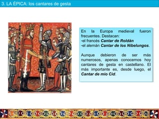 En la Europa medieval fueron
frecuentes. Destacan:
-el francés Cantar de Roldán
-el alemán Cantar de los Nibelungos.
Aunque debieron de ser más
numerosos, apenas conocemos hoy
cantares de gesta en castellano. El
más importante es, desde luego, el
Cantar de mio Cid.
En la Europa medieval fueron
frecuentes. Destacan:
-el francés Cantar de Roldán
-el alemán Cantar de los Nibelungos.
Aunque debieron de ser más
numerosos, apenas conocemos hoy
cantares de gesta en castellano. El
más importante es, desde luego, el
Cantar de mio Cid.
3. LA ÉPICA: los cantares de gesta
 