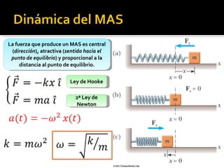 La fuerza que produce un MAS es central ( dirección ), atractiva ( sentido hacia el punto de equilibrio ) y proporcional a la distancia al punto de equilibrio. Ley de Hooke 2ª Ley de Newton 