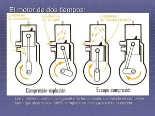 El motor de dos tiempos: Los motores diesel utilizan gasoil y no tienen bujía. La mezcla se comprime tanto que alcanza los 600ºC, temperatura a la que explota la mezcla. 