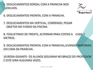 William Lima 2006
5. DESLOCAMENTOS DORSAL COM A PRANCHA NOS
JOELHOS.
6. DESLOCAMENTOS FRONTAL COM A PRANCHA.
7. DESLOCAMENTOS NA VERTICAL, CORRENDO, PEGAR
OBJETOS NO FUNDO DA PISCINA.
8. FOGUETINHO DE FRENTE, ALTERNAR PARA COSTAS A CADA 2
METROS.
9. DESLOCAMENTOS FRONTAL COM A PRANCHA,LEVANDO MATERIAIS
EM CIMA DA PRANCHA.
10.RODA GIGANTE- OS ALUNOS SEGURAM NO BRAÇO DO PROFESSOR
E ESTE GIRA ALGUMAS VEZES.
 