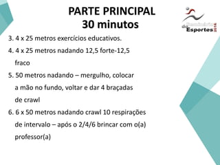 PARTE PRINCIPAL
30 minutos
3. 4 x 25 metros exercícios educativos.
4. 4 x 25 metros nadando 12,5 forte-12,5
fraco
5. 50 metros nadando – mergulho, colocar
a mão no fundo, voltar e dar 4 braçadas
de crawl
6. 6 x 50 metros nadando crawl 10 respirações
de intervalo – após o 2/4/6 brincar com o(a)
professor(a)
 