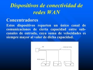 Dispositivos de conectividad de
redes WAN
Concentradores
Estos dispositivos reparten un único canal de
comunicaciones de cierta capacidad entre sub-
canales de entrada, cuya suma de velocidades es
siempre mayor al valor de dicha capacidad.
 