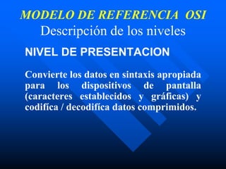 MODELO DE REFERENCIA OSI
Descripción de los niveles
NIVEL DE PRESENTACION
Convierte los datos en sintaxis apropiada
para los dispositivos de pantalla
(caracteres establecidos y gráficas) y
codifíca / decodifíca datos comprimidos.
 
