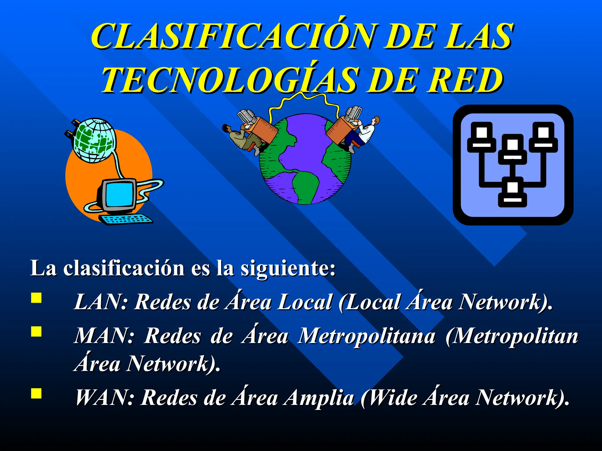 CLASIFICACIÓN DE LAS
CLASIFICACIÓN DE LAS
TECNOLOGÍAS DE RED
TECNOLOGÍAS DE RED
La clasificación es la siguiente:
La clasificación es la siguiente:
 LAN: Redes de Área Local (Local Área Network).
LAN: Redes de Área Local (Local Área Network).
 MAN: Redes de Área Metropolitana (Metropolitan
MAN: Redes de Área Metropolitana (Metropolitan
Área Network).
Área Network).
 WAN: Redes de Área Amplia (Wide Área Network).
WAN: Redes de Área Amplia (Wide Área Network).
 