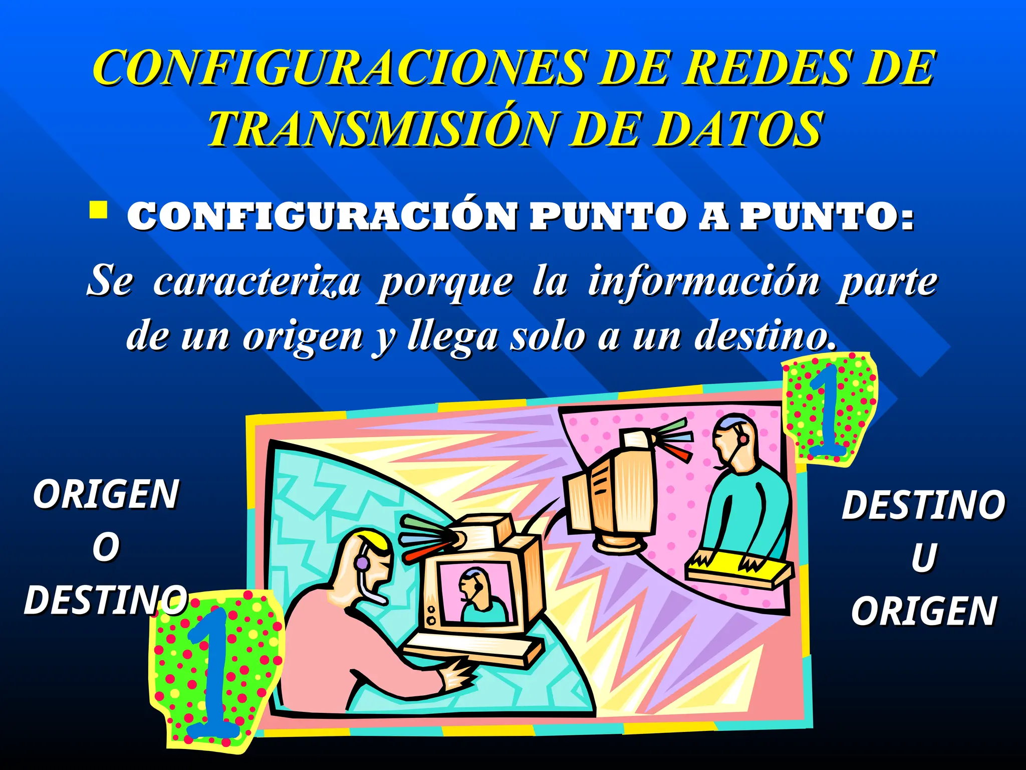 CONFIGURACIONES DE REDES DE
CONFIGURACIONES DE REDES DE
TRANSMISIÓN DE DATOS
TRANSMISIÓN DE DATOS
 CONFIGURACIÓN PUNTO A PUNTO:
CONFIGURACIÓN PUNTO A PUNTO:
Se caracteriza porque la información parte
Se caracteriza porque la información parte
de un origen y llega solo a un destino.
de un origen y llega solo a un destino.
ORIGEN
ORIGEN
O
O
DESTINO
DESTINO
DESTINO
DESTINO
U
U
ORIGEN
ORIGEN
 