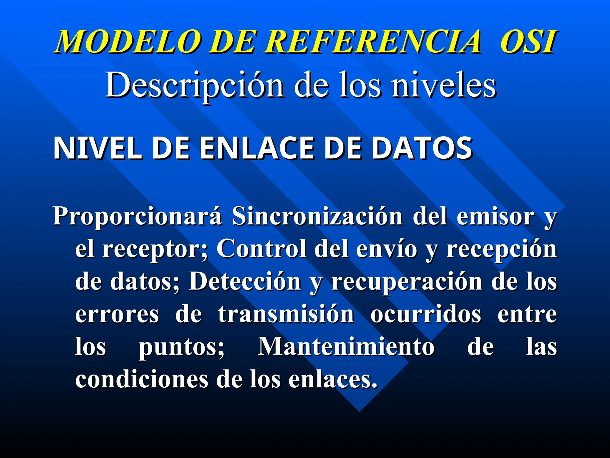 MODELO DE REFERENCIA OSI
MODELO DE REFERENCIA OSI
Descripción de los niveles
Descripción de los niveles
NIVEL DE ENLACE DE DATOS
NIVEL DE ENLACE DE DATOS
Proporcionará Sincronización del emisor y
Proporcionará Sincronización del emisor y
el receptor; Control del envío y recepción
el receptor; Control del envío y recepción
de datos; Detección y recuperación de los
de datos; Detección y recuperación de los
errores de transmisión ocurridos entre
errores de transmisión ocurridos entre
los puntos; Mantenimiento de las
los puntos; Mantenimiento de las
condiciones de los enlaces.
condiciones de los enlaces.
 