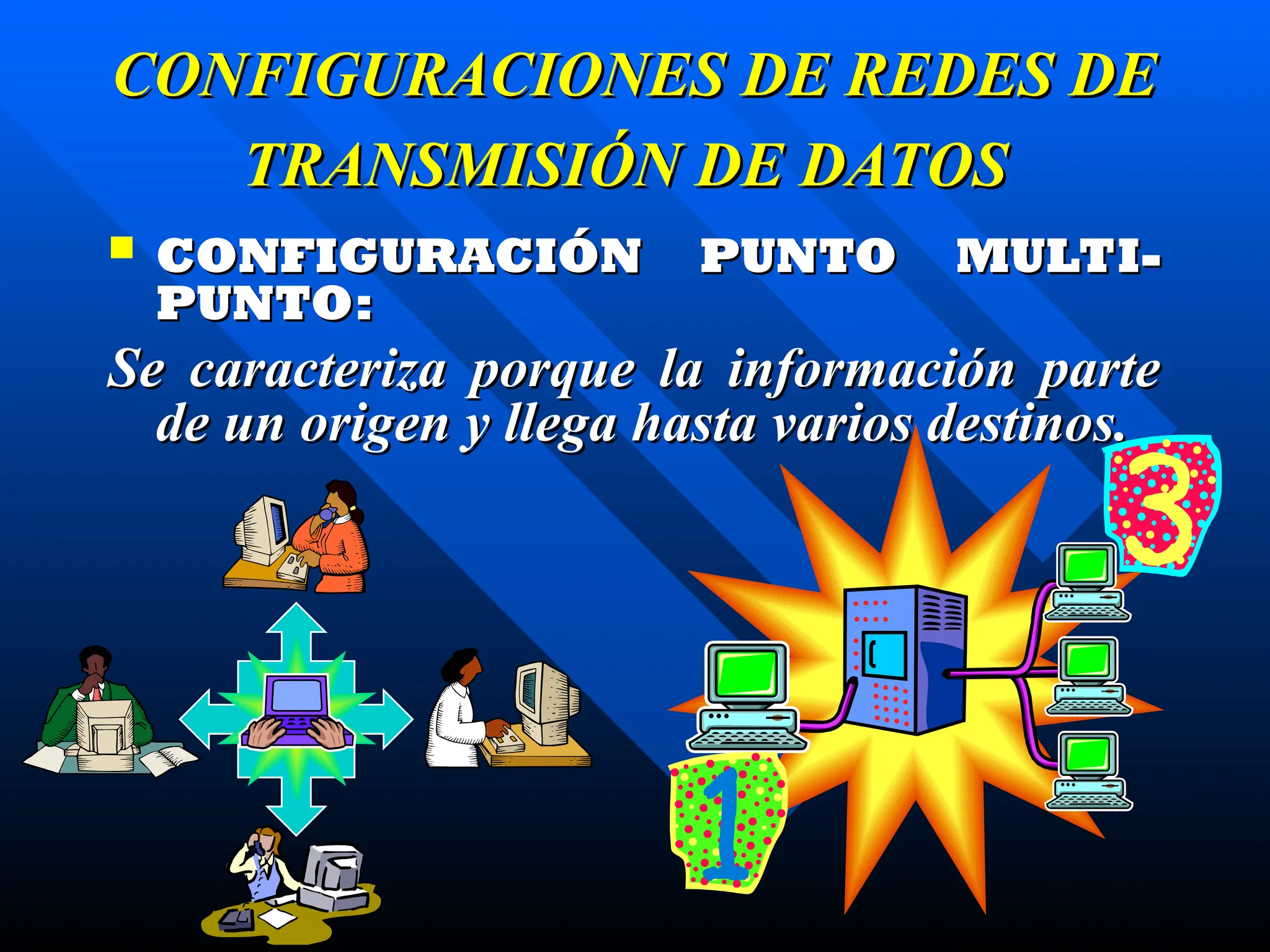 CONFIGURACIONES DE REDES DE
CONFIGURACIONES DE REDES DE
TRANSMISIÓN DE DATOS
TRANSMISIÓN DE DATOS
 CONFIGURACIÓN PUNTO MULTI-
CONFIGURACIÓN PUNTO MULTI-
PUNTO:
PUNTO:
Se caracteriza porque la información parte
Se caracteriza porque la información parte
de un origen y llega hasta varios destinos.
de un origen y llega hasta varios destinos.
 