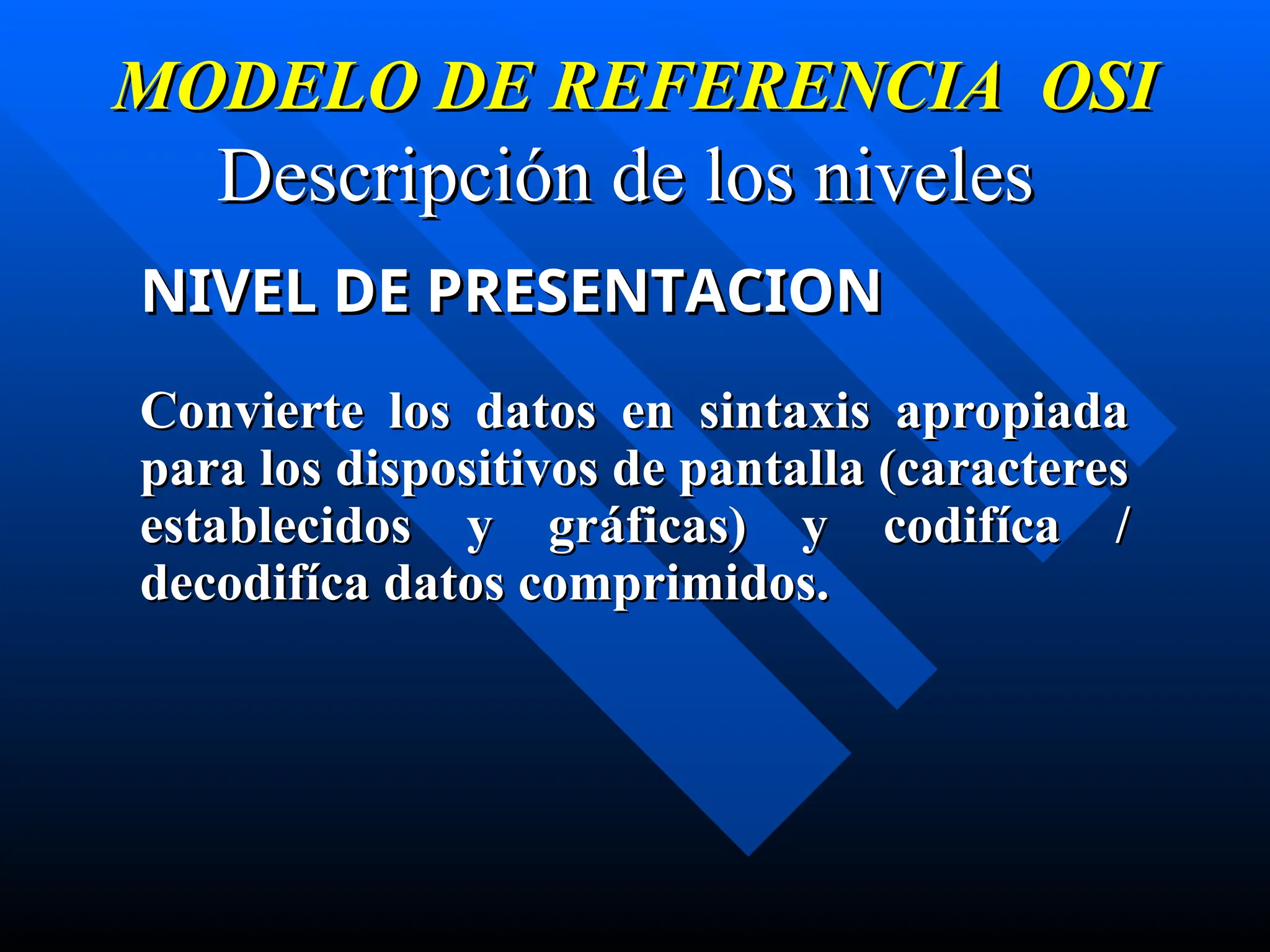MODELO DE REFERENCIA OSI
MODELO DE REFERENCIA OSI
Descripción de los niveles
Descripción de los niveles
NIVEL DE PRESENTACION
NIVEL DE PRESENTACION
Convierte los datos en sintaxis apropiada
Convierte los datos en sintaxis apropiada
para los dispositivos de pantalla (caracteres
para los dispositivos de pantalla (caracteres
establecidos y gr
establecidos y grá
áficas) y codif
ficas) y codifí
íca /
ca /
decodif
decodifí
íca datos comprimidos.
ca datos comprimidos.
 