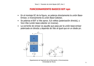Tema 3 – Transistor de Unión Bipolar (BJT). Rev 2


              FUNCIONAMIENTO BASICO BJT npn

•   En el montaje EC de l...