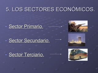 5. LOS SECTORES ECONÓMICOS. Sector Primario. Sector Secundario. Sector Terciario. 