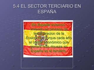 5.4 EL SECTOR TERCIARIO EN ESPAÑA -  En España  estamos viviendo un proceso de terciarizacion de la Economía, porque cada año el sector económico que genera más riqueza en España es el terciario. 