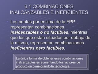 6.1 COMBINACIONES INALCANZABLES E INEFICIENTES Los puntos por encima de la FPP representan combinaciones  inalcanzables o no factibles , mientras que los que están situados por debajo de la misma, representan combinaciones  ineficientes pero factibles. La única forma de obtener esas combinaciones inalcanzables es aumentando los factores de producción o mejorando la tecnología. 