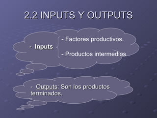 2.2 INPUTS Y OUTPUTS -  Outputs : Son los productos terminados. -  Inputs - Factores productivos. - Productos intermedios . 