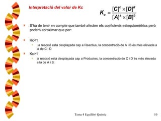 S’ha de tenir en compte que també afecten els coeficients estequiomètrics però podem aproximar que per: Kc<1  la reacció està desplaçada cap a Reactius, la concentració de A i B és més elevada a la de C i D Kc>1  la reacció està desplaçada cap a Productes, la concentració de C i D és més elevada a la de A i B. Interpretació del valor de Kc 