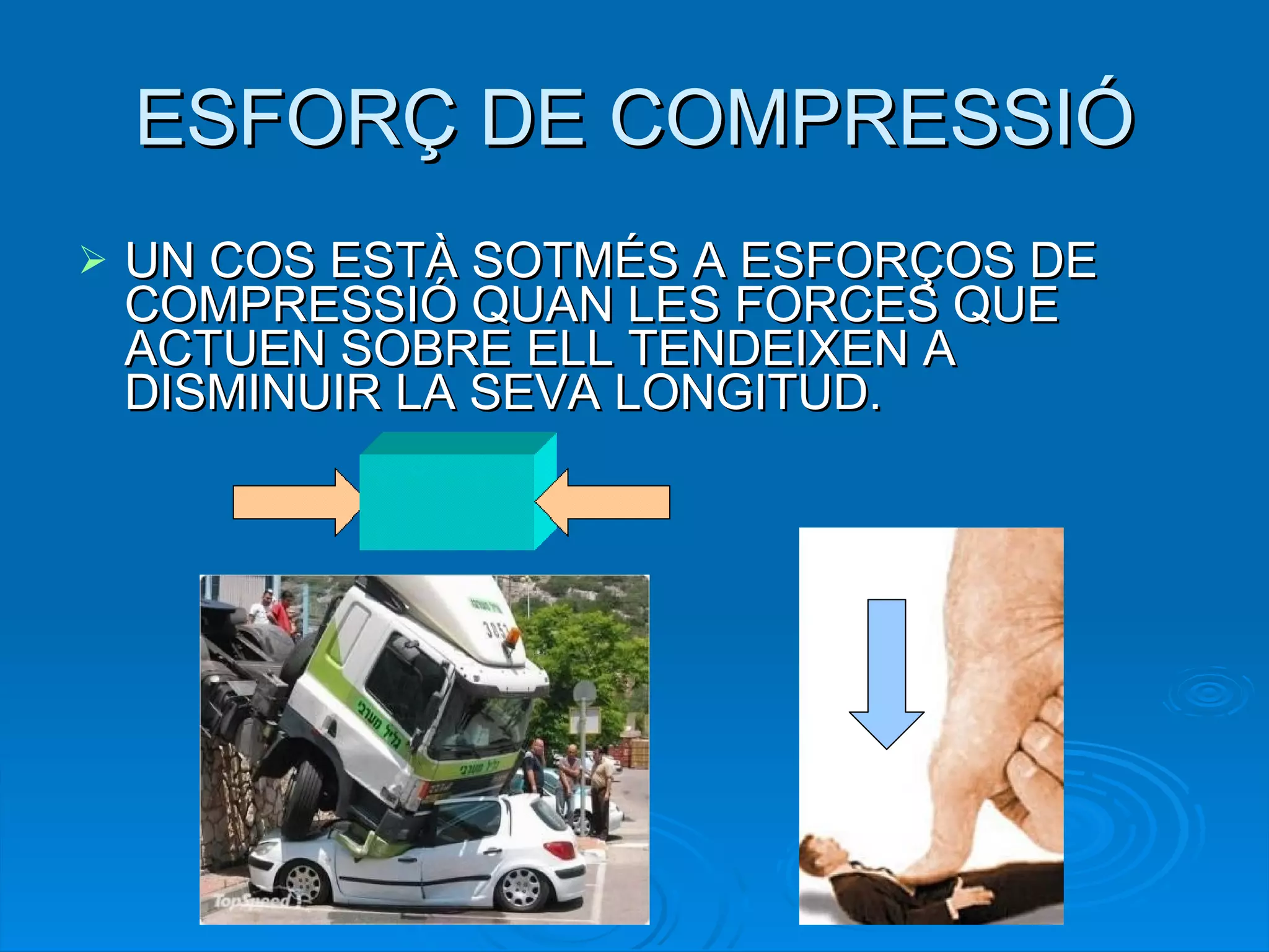 ESFORÇ DE COMPRESSIÓ UN COS ESTÀ SOTMÉS A ESFORÇOS DE COMPRESSIÓ QUAN LES FORCES QUE ACTUEN SOBRE ELL TENDEIXEN A DISMINUIR LA SEVA LONGITUD. 