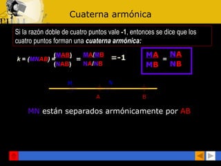 Cuaterna armónica Si la razón doble de cuatro puntos vale  -1 , entonces se dice que los cuatro puntos forman una  cuaterna armónica: MN  están separados armónicamente por  AB M A M B N A N B = k   =  ( MN AB )  = ( M AB ) ( N AB ) M A / M B N A / N B = =-1 