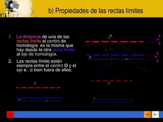 b) Propiedades de las rectas límites La distancia  de una de las  rectas límite  al  centro  de homología  es la misma que hay desde la otra  recta límite  al  eje de homología . Las rectas límite están siempre entre el  centro  O  y el  eje  e  , o bien fuera de ellos. 