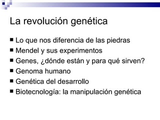 La revolución genética Lo que nos diferencia de las piedras Mendel y sus experimentos Genes, ¿dónde están y para qué sirven? Genoma humano Genética del desarrollo Biotecnología: la manipulación genética 