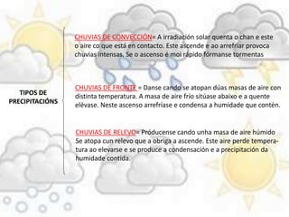 TIPOS DE
PRECIPITACIÓNS
CHUVIAS DE CONVECCIÓN= A irradiación solar quenta o chan e este
o aire co que está en contacto. Este ascende e ao arrefriar provoca
chuvias intensas. Se o ascenso é moi rápido fórmanse tormentas
CHUVIAS DE FRONTE = Danse cando se atopan dúas masas de aire con
distinta temperatura. A masa de aire frío sitúase abaixo e a quente
elévase. Neste ascenso arrefríase e condensa a humidade que contén.
CHUVIAS DE RELEVO= Próducense cando unha masa de aire húmido
Se atopa cun relevo que a obriga a ascende. Este aire perde tempera-
tura ao elevarse e se produce a condensación e a precipitación da
humidade contida.
 