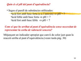 Quin és el pH del punt d’equivalència? Segos el parell de substàncies utilitzades: àcid fort amb base forta (o a l’inrevés)   pH = 7 àcid feble amb base forta   pH > 7 àcid fort amb base feble   pH < 7 Com sé que he arribat al punt d’equivalència sense necessitat de representar la corba de valoració sencera? Mitjançant un indicador apropiat que canvii de color just quan la reacció arriba al punt d’equivalència.(veure taula pàg. 30) 