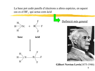 La base pot cedir parells d’electrons a altres espècies, en aquest cas es el BF 3  qui actua com àcid  Definició més general Gilbert Newton Lewis (1875-1946) H  N : H H + B  F F F H  N H H B  F F F base àcid 