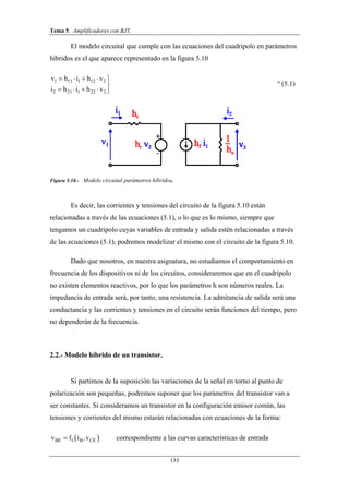 Tema 5. Amplificadores con BJT.
133
El modelo circuital que cumple con las ecuaciones del cuadripolo en parámetros
híbridos es el que aparece representado en la figura 5.10
1 11 1 12 2
2 21 1 22 2
v h i h v
i h i h v
    

    
º (5.1)
Figura 5.10.- Modelo circuital parámetros híbridos.
Es decir, las corrientes y tensiones del circuito de la figura 5.10 están
relacionadas a través de las ecuaciones (5.1), o lo que es lo mismo, siempre que
tengamos un cuadripolo cuyas variables de entrada y salida estén relacionadas a través
de las ecuaciones (5.1), podremos modelizar el mismo con el circuito de la figura 5.10.
Dado que nosotros, en nuestra asignatura, no estudiamos el comportamiento en
frecuencia de los dispositivos ni de los circuitos, consideraremos que en el cuadripolo
no existen elementos reactivos, por lo que los parámetros h son números reales. La
impedancia de entrada será, por tanto, una resistencia. La admitancia de salida será una
conductancia y las corrientes y tensiones en el circuito serán funciones del tiempo, pero
no dependerán de la frecuencia.
2.2.- Modelo híbrido de un transistor.
Si partimos de la suposición las variaciones de la señal en torno al punto de
polarización son pequeñas, podremos suponer que los parámetros del transistor van a
ser constantes. Si consideramos un transistor en la configuración emisor común, las
tensiones y corrientes del mismo estarán relacionadas con ecuaciones de la forma:
 BE 1 B CEv f i v, correspondiente a las curvas características de entrada
 