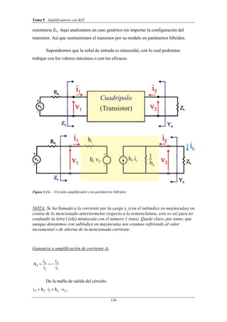 Tema 5. Amplificadores con BJT.
136
resistencia ZL. Aquí analizamos un caso genérico sin importar la configuración del
transistor. Así que sustituiremos el transistor por su modelo en parámetros híbridos.
Supondremos que la señal de entrada es sinusoidal, con lo cual podremos
trabajar con los valores máximos o con los eficaces.
Figura 5.13.- Circuito amplificador con parámetros híbridos
NOTA: Se ha llamado a la corriente por la carga iL (con el subíndice en mayúsculas) en
contra de lo mencionado anteriormente respecto a la nomenclatura, esto es así para no
confundir la letra l (ele) minúscula con el número 1 (uno). Quede claro, por tanto, que
aunque denotemos con subíndice en mayúsculas nos estamos refiriendo al valor
incremental o de alterna de la mencionada corriente.
Ganancia o amplificación de corriente AI.
L 2
I
1 1
i i
A
i i
  
De la malla de salida del circuito
2 f 1 o 2i h i h v    ,
 