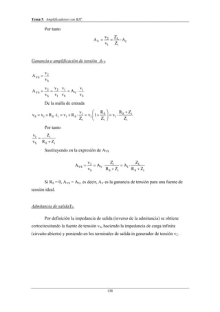 Tema 5. Amplificadores con BJT.
138
Por tanto
2 L
V I
1 i
v Z
A A
v Z
  
Ganancia o amplificación de tensión AVS.
2
VS
S
v
A
v

2 2 1 1
VS V
S 1 S S
v v v v
A A
v v v v
    
De la malla de entrada
S S i1
S 1 S 1 1 S 1 1
i i i
R R Zv
v v R i v R v 1 v
Z Z Z
  
          
 
Por tanto
1 i
S S i
v Z
v R Z


Sustituyendo en la expresión de AVS
2 i L
VS V I
S S i S i
v Z Z
A A A
v R Z R Z
    
 
Si RS = 0, AVS = AV, es decir, AV es la ganancia de tensión para una fuente de
tensión ideal.
Admitancia de salidaY0.
Por definición la impedancia de salida (inverso de la admitancia) se obtiene
cortocircuitando la fuente de tensión vS, haciendo la impedancia de carga infinita
(circuito abierto) y poniendo en los terminales de salida in generador de tensión v2.
 